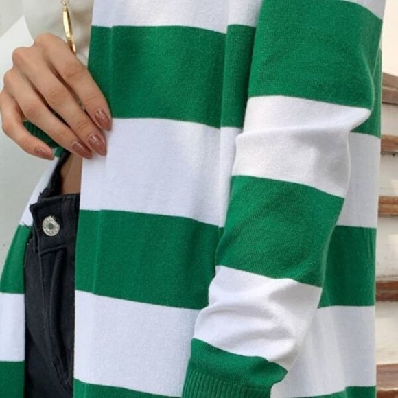 Colorblock stripes open front long Cardigan GREEN - Picture 5 of 5